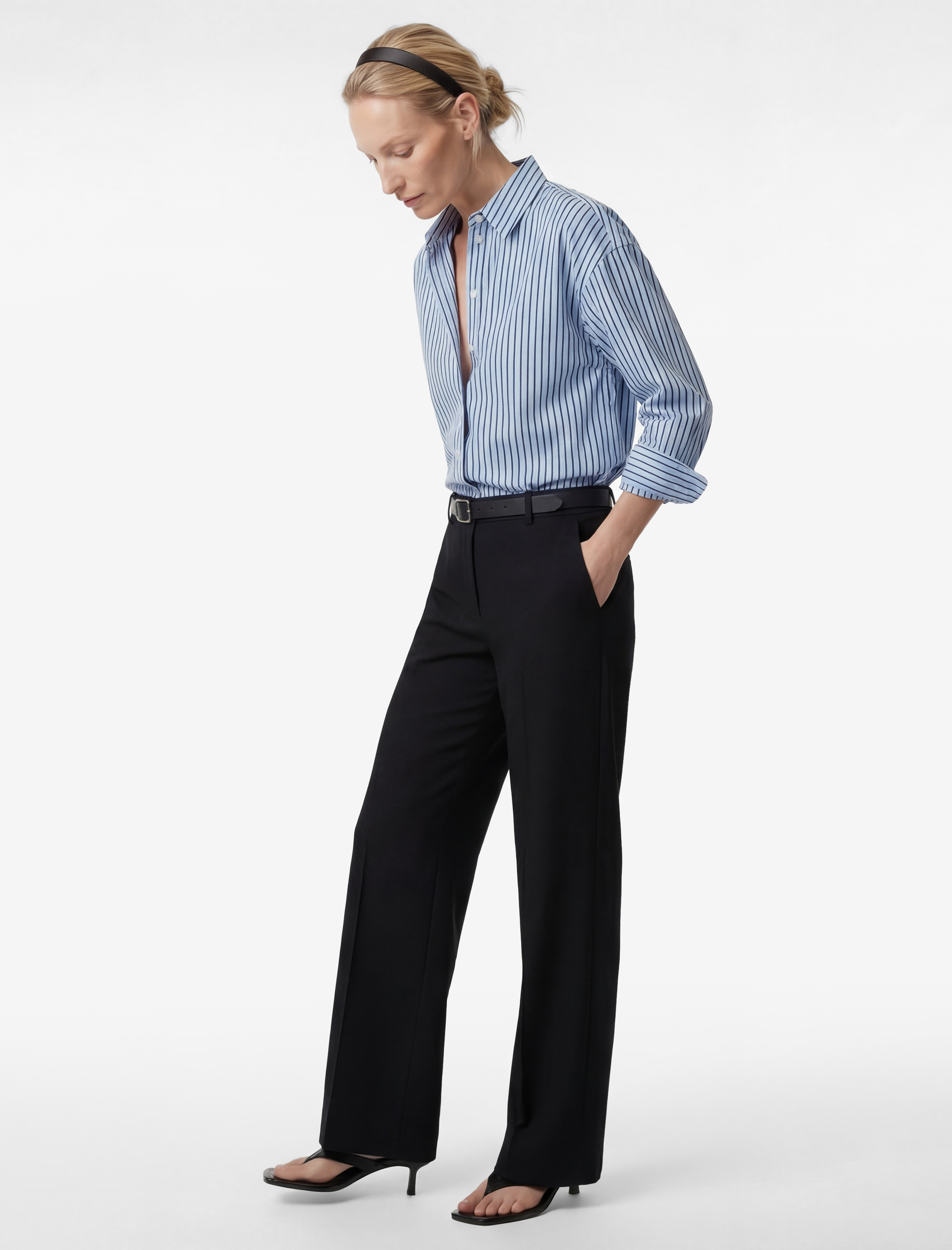   Straight Fit Cepli Düz Bol Paça Kemerli Kumaş Pantolon