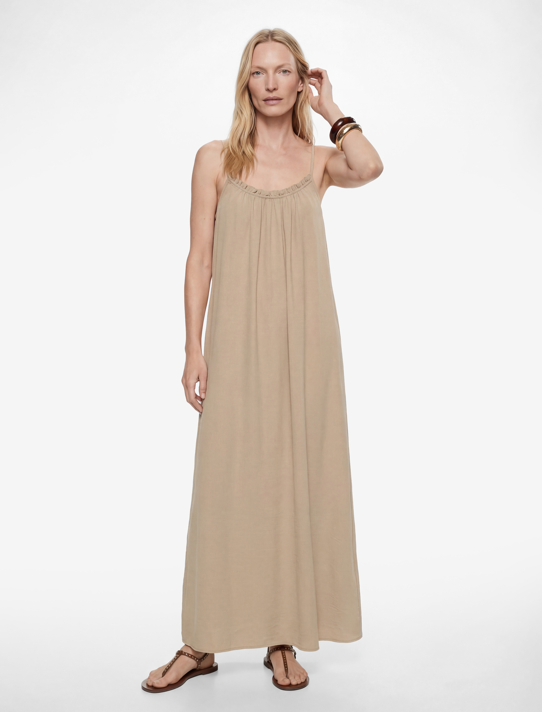   Aerobin Kumaş Yırtmaç Detaylı İnce Askılı Saten Midi Elbise