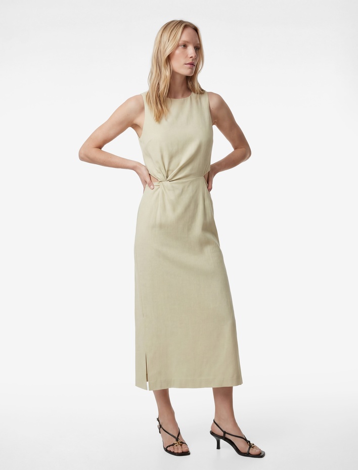  Keten Görünümlü Slim Fit Bisiklet Yaka Kolsuz Pencere Detaylı Midi Elbise