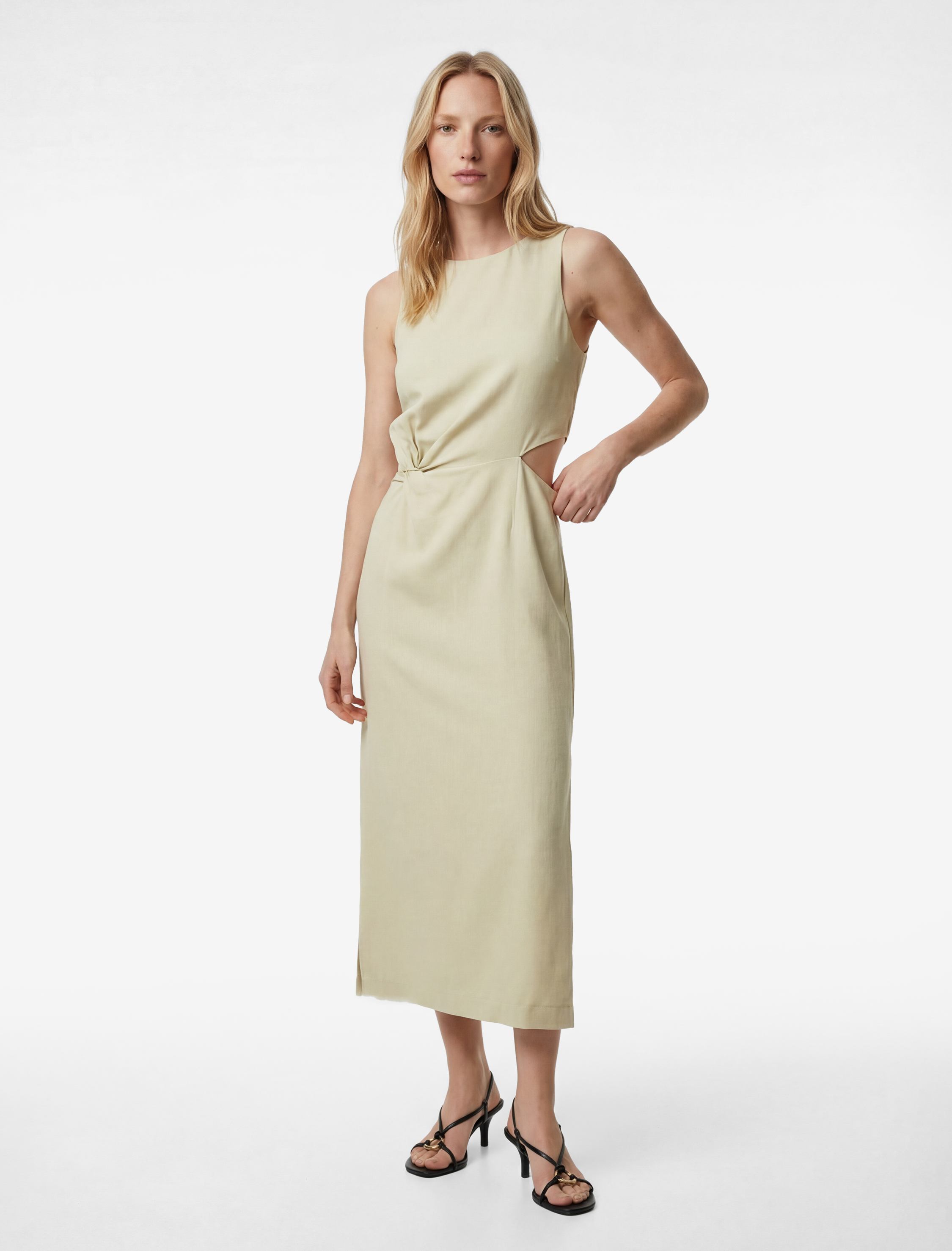   Keten Görünümlü Slim Fit Bisiklet Yaka Kolsuz Pencere Detaylı Midi Elbise