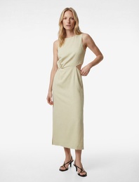 Keten Görünümlü Slim Fit Bisiklet Yaka Kolsuz Pencere Detaylı Midi Elbise