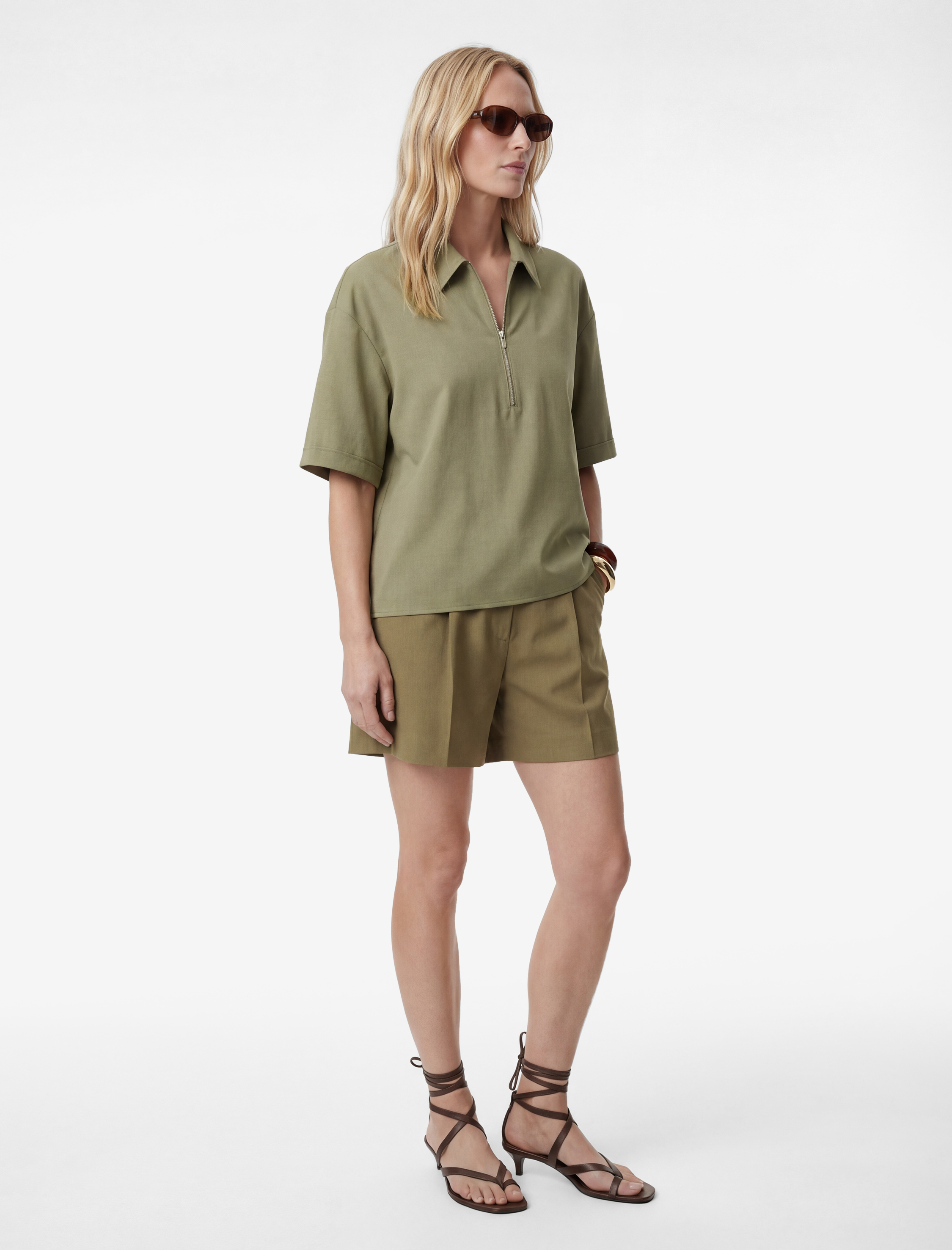   Cupro Kumaş Gömlek Yaka Yarım Fermuarlı Kısa Kollu Oversize Bluz