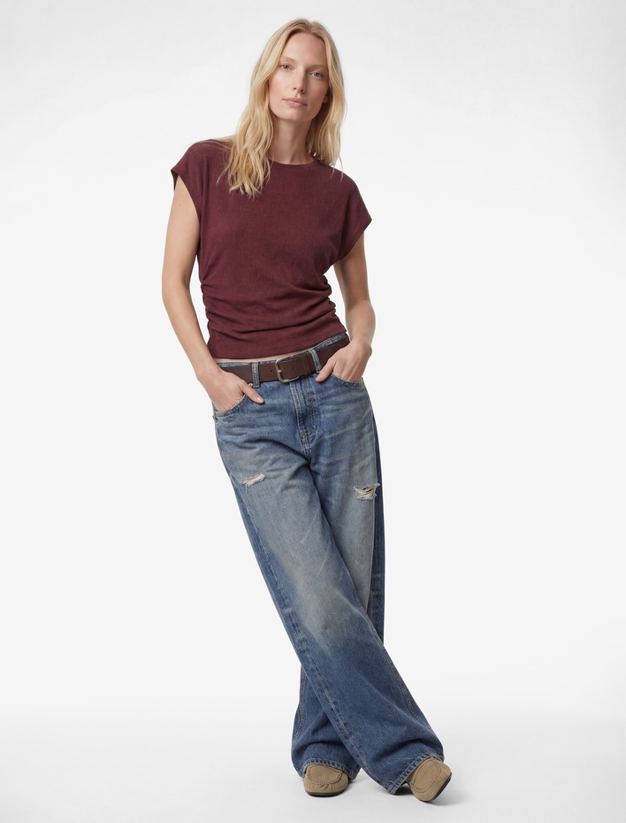  Bürümcük Kumaş Slim Fit Kısa Kollu Bisiklet Yaka Drapeli Dokulu Tişört