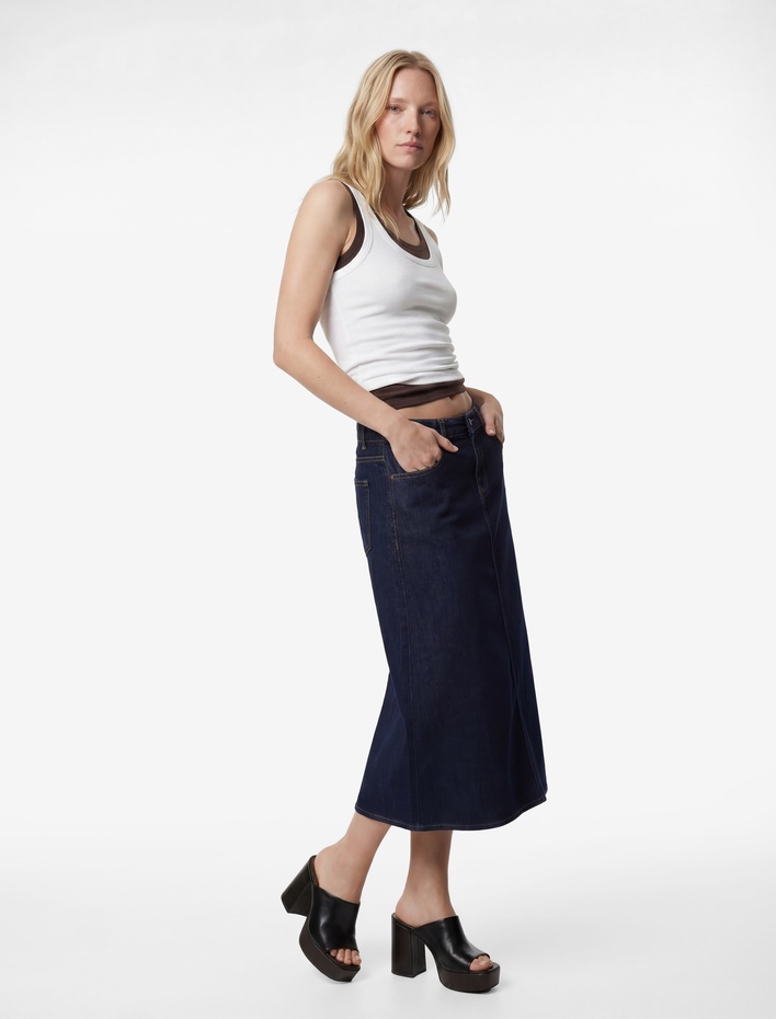  Pamuklu Düğmeli Volanlı Uzun Denim Etek