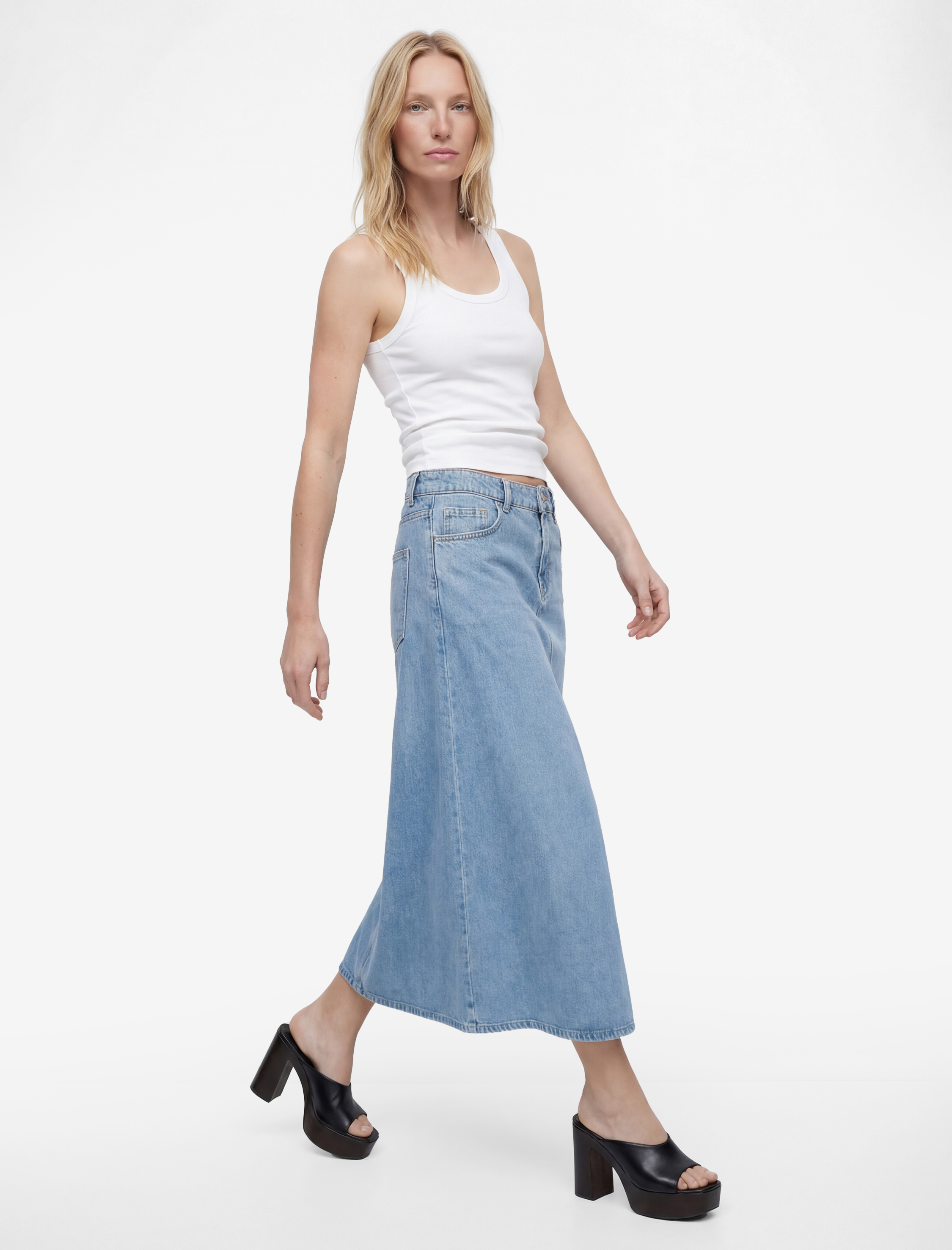   Pamuklu Düğmeli Volanlı Uzun Denim Etek