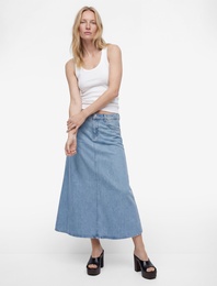 Pamuklu Düğmeli Volanlı Uzun Denim Etek