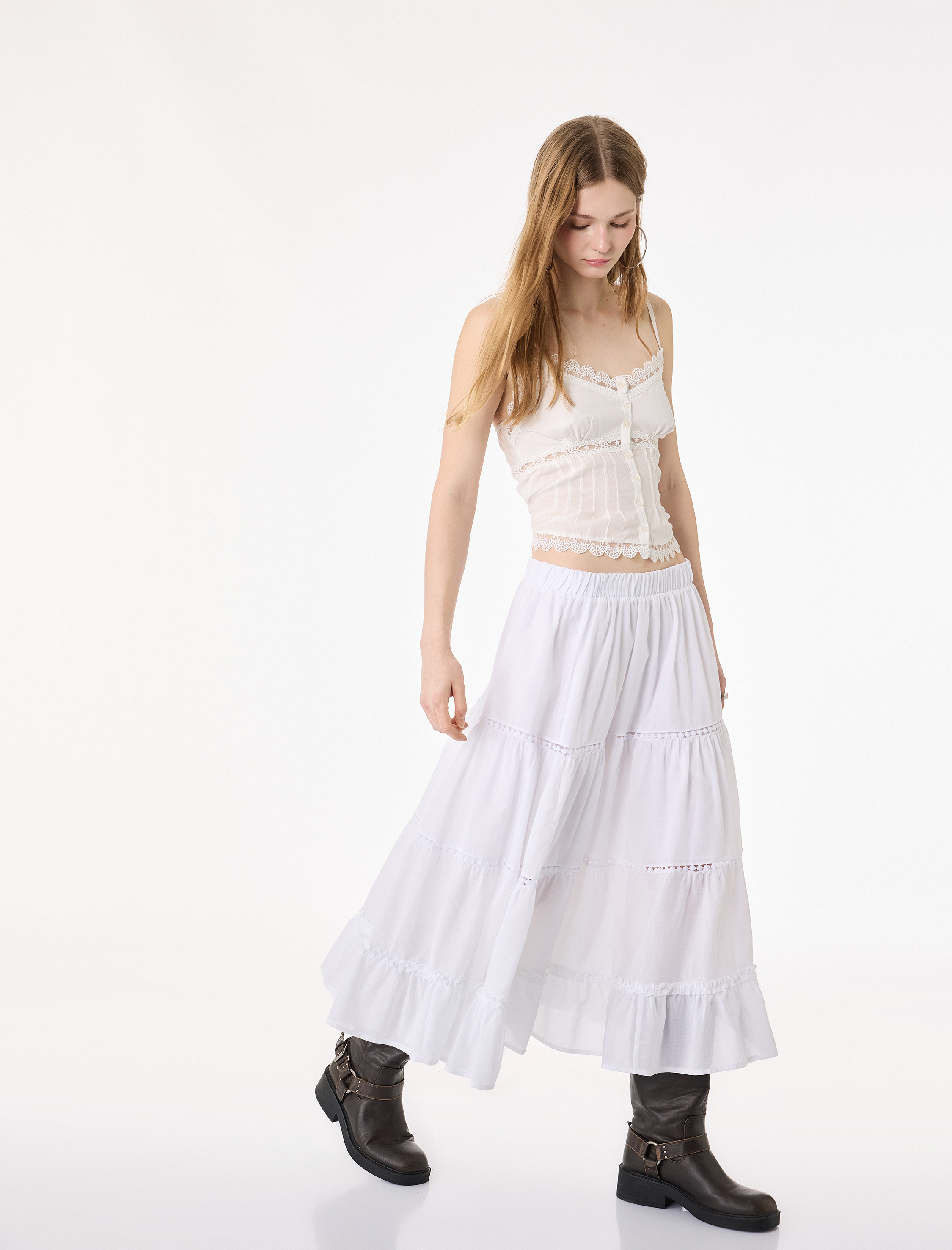   Beli Lastikli Pamuklu Rahat Kalıp Katlı Midi Etek