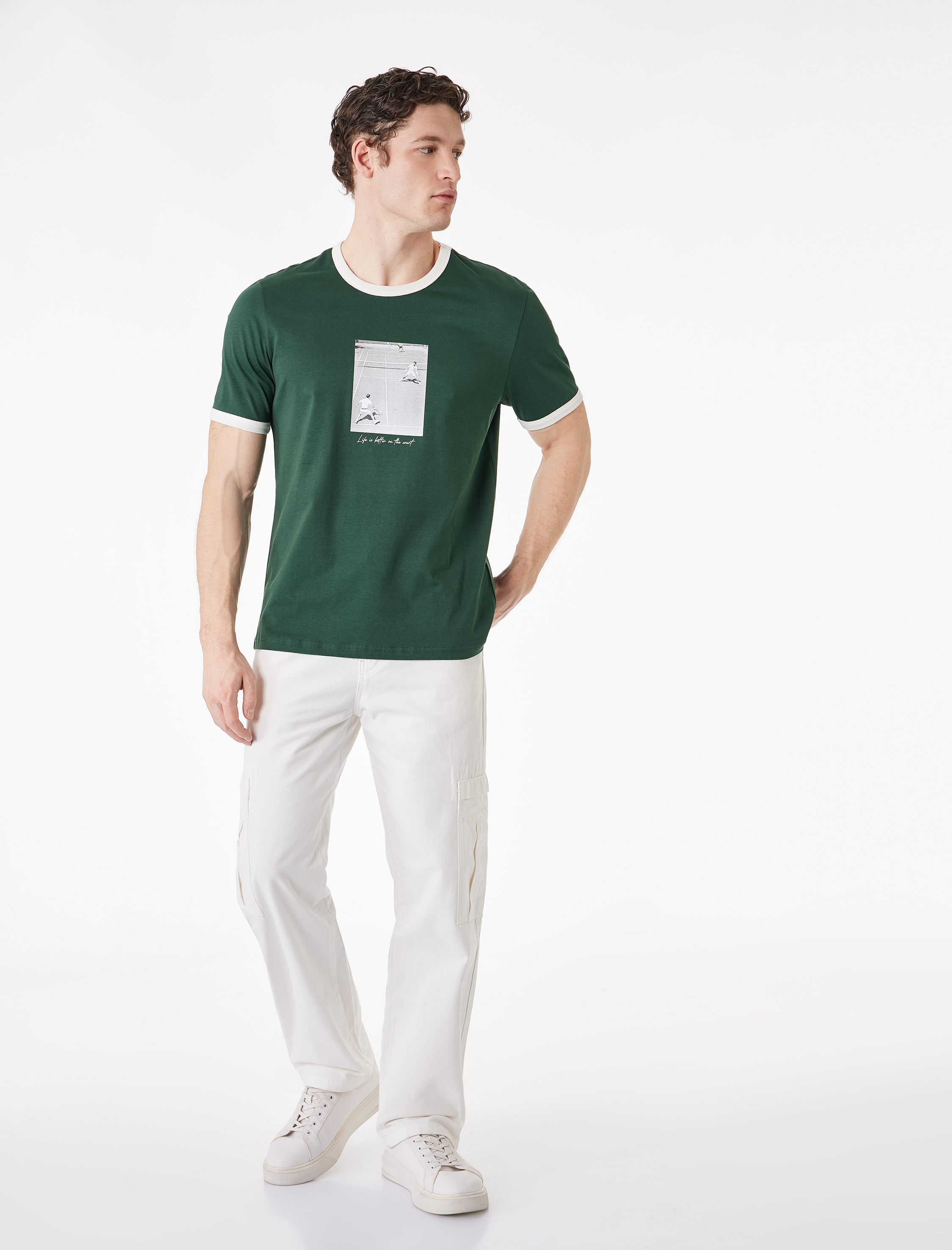   Regular Fit Kısa Kollu Biyeli Bisiklet Yaka Pamuklu Baskılı Tişört