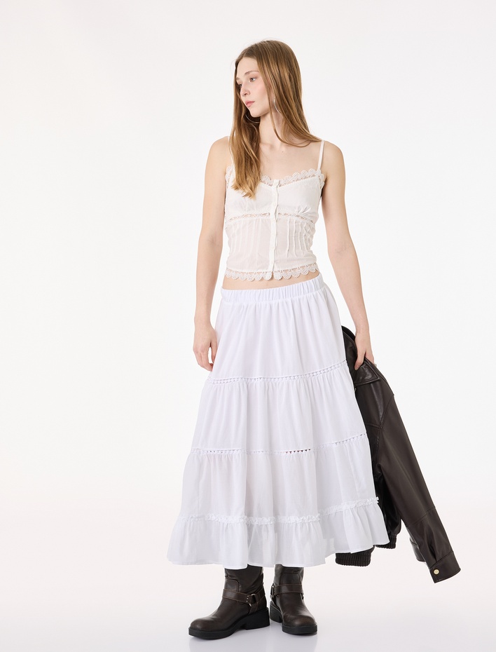  Beli Lastikli Pamuklu Rahat Kalıp Katlı Midi Etek