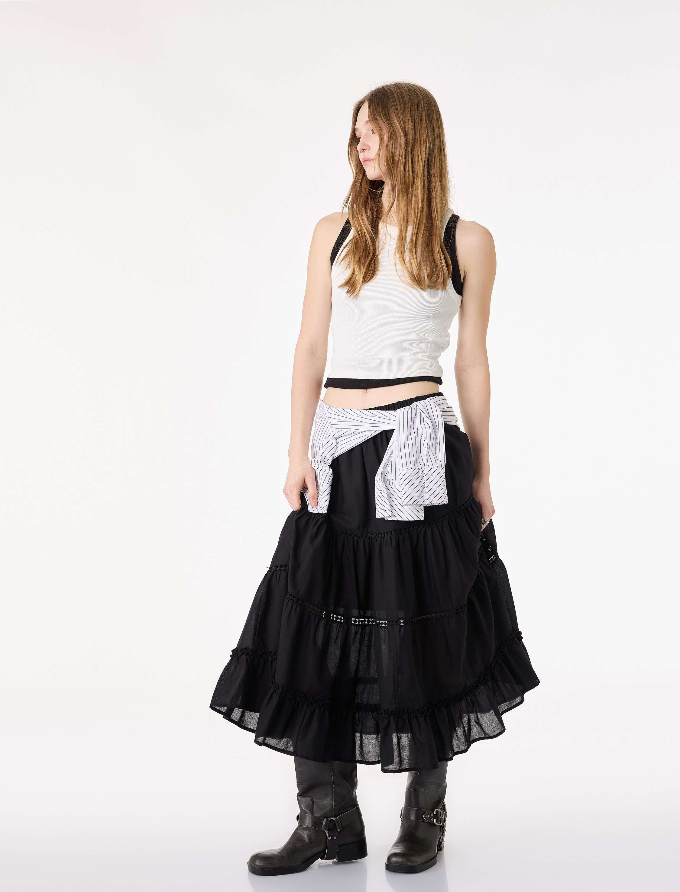   Beli Lastikli Pamuklu Rahat Kalıp Katlı Midi Etek