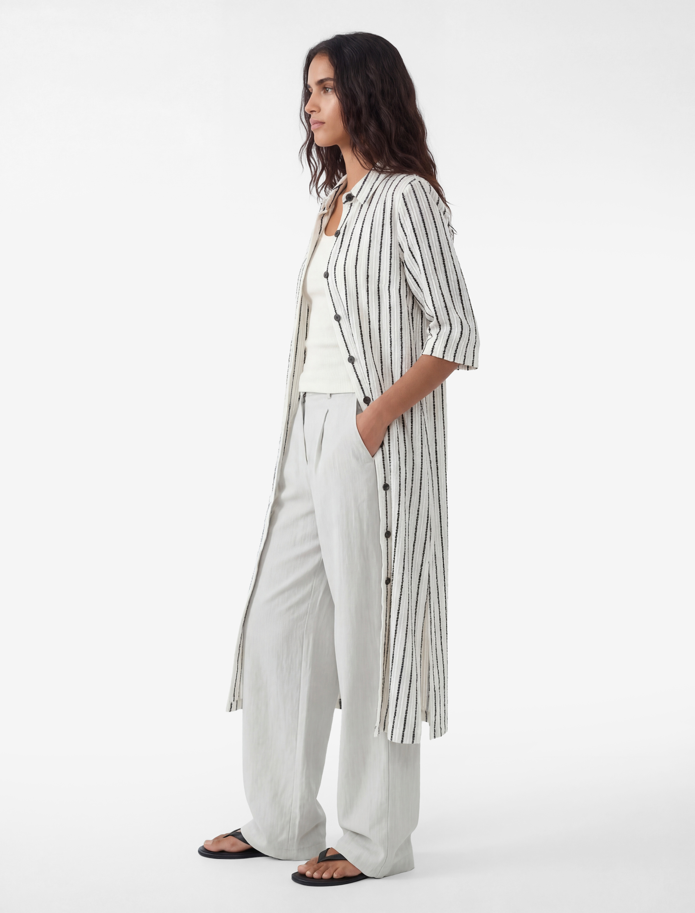   Kısa Kollu Gömlek Yaka Düğmeli Çizgili Pul Payet İşlemeli Uzun Kroşe Hırka