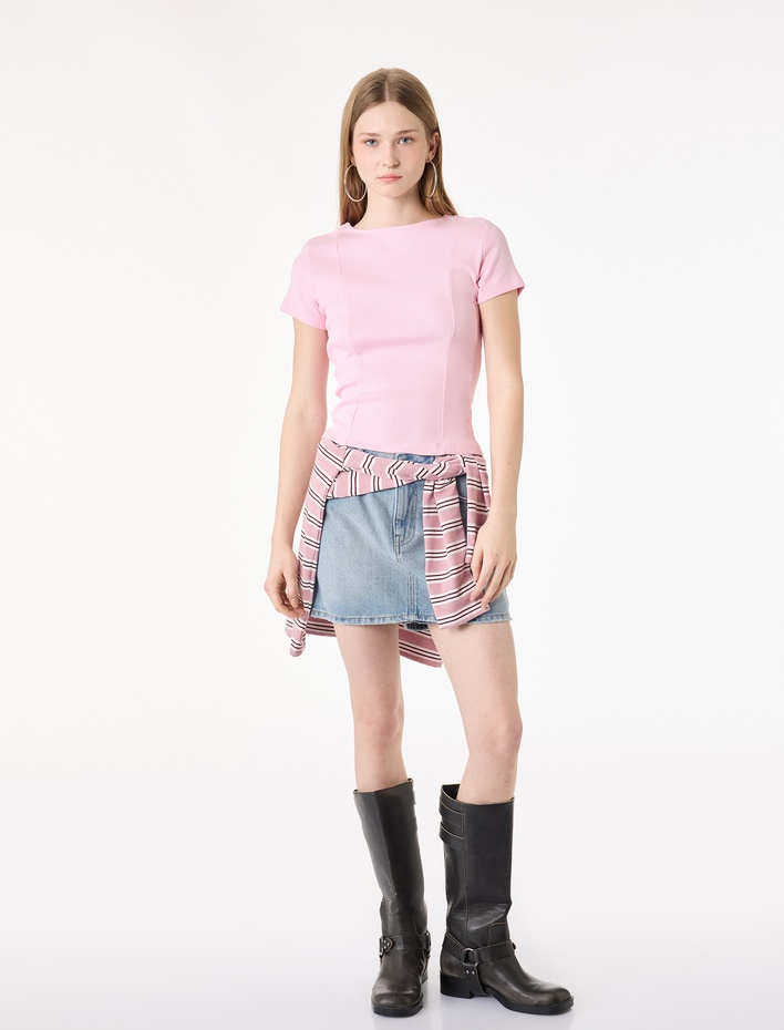  Pamuklu Kısa Kollu Korse Detaylı Bisiklet Yaka Tişört