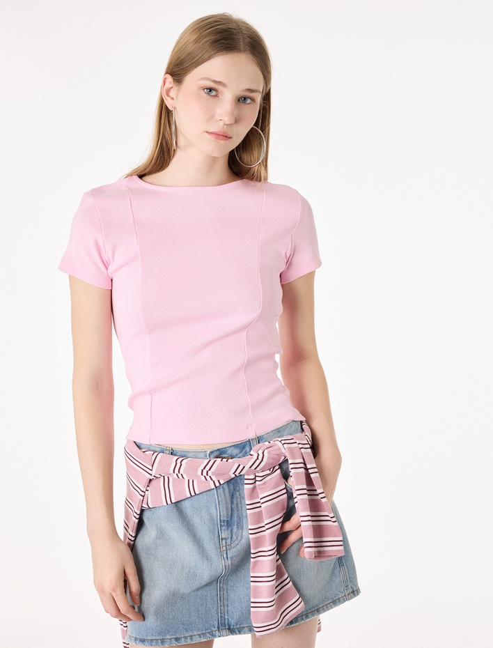  Pamuklu Kısa Kollu Korse Detaylı Bisiklet Yaka Tişört