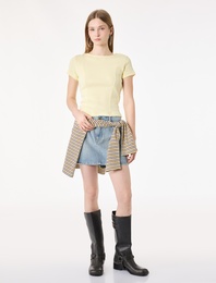 Pamuklu Kısa Kollu Korse Detaylı Bisiklet Yaka Tişört