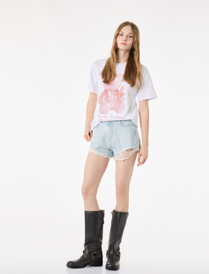  Kısa Kollu Bisiklet Yaka Ayıcık Baskılı Oversize Tişört