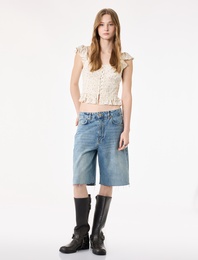 Slim Fit Kolsuz Düğmeli Fırfırlı Kalp Yaka Viskon Çiçekli Bluz