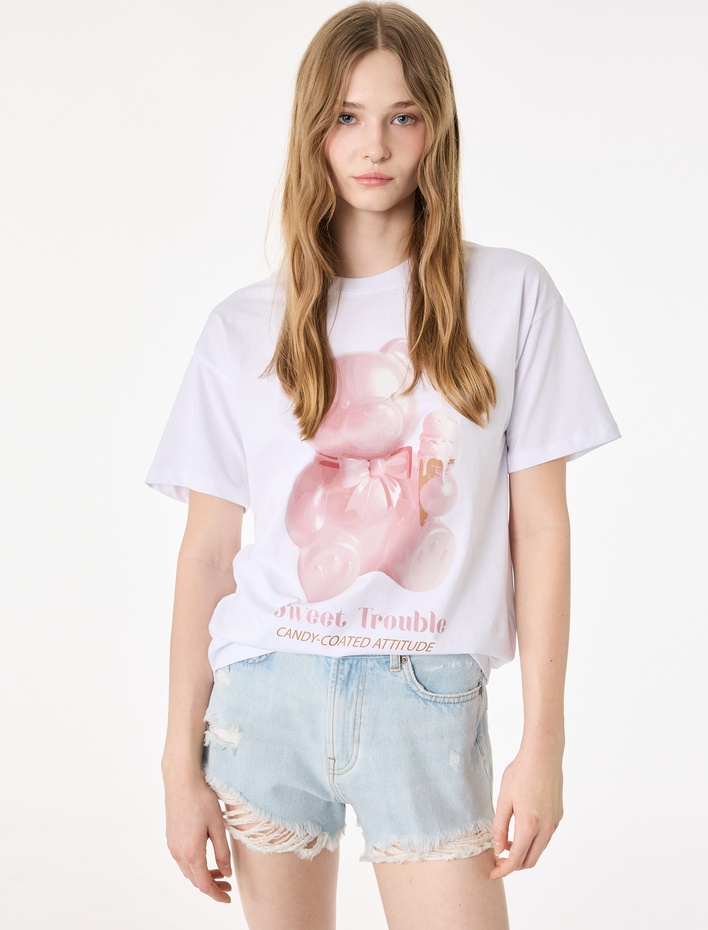  Kısa Kollu Bisiklet Yaka Ayıcık Baskılı Oversize Tişört