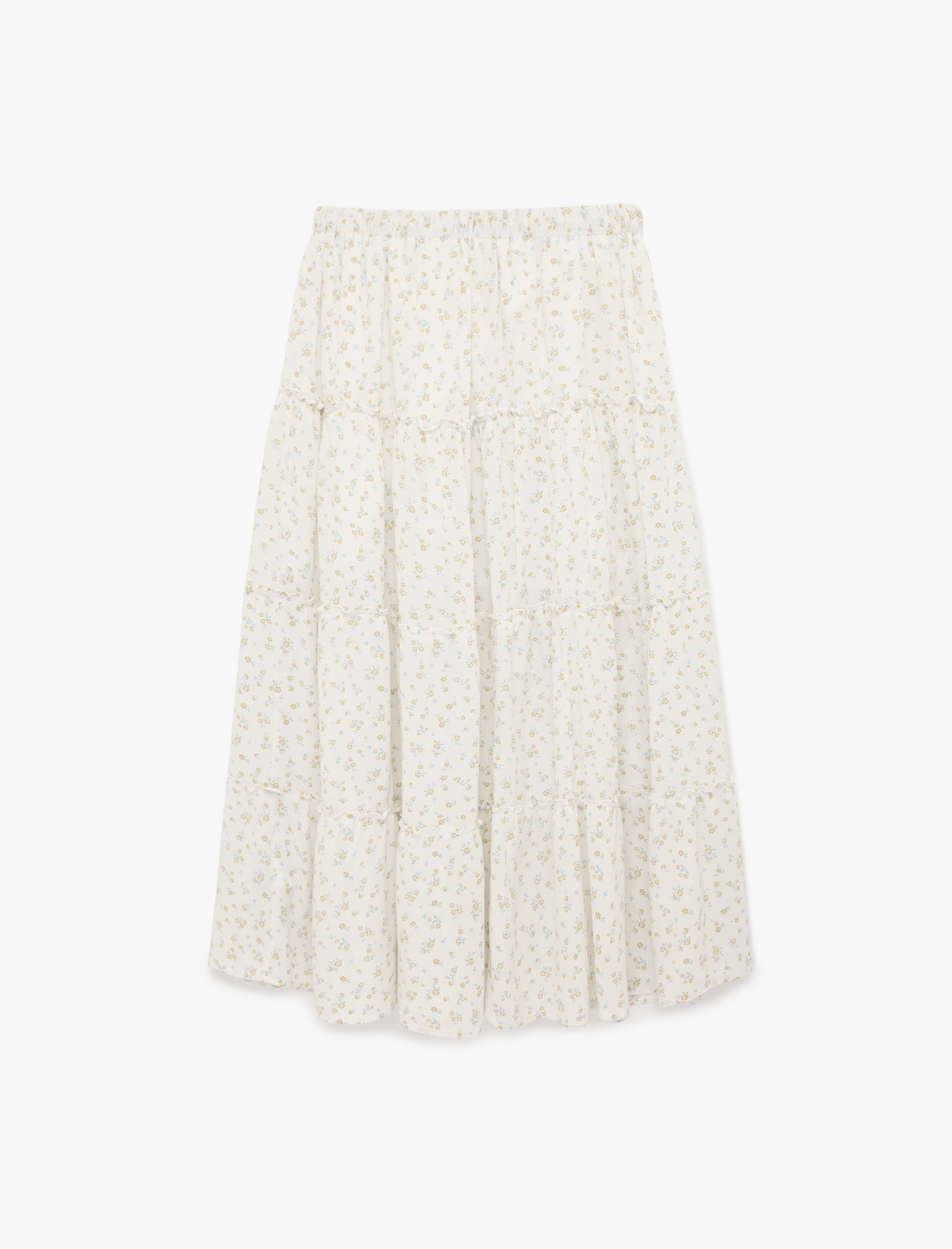   Viskon Katlı Volanlı Beli Bağcıklı Çiçekli Uzun Etek