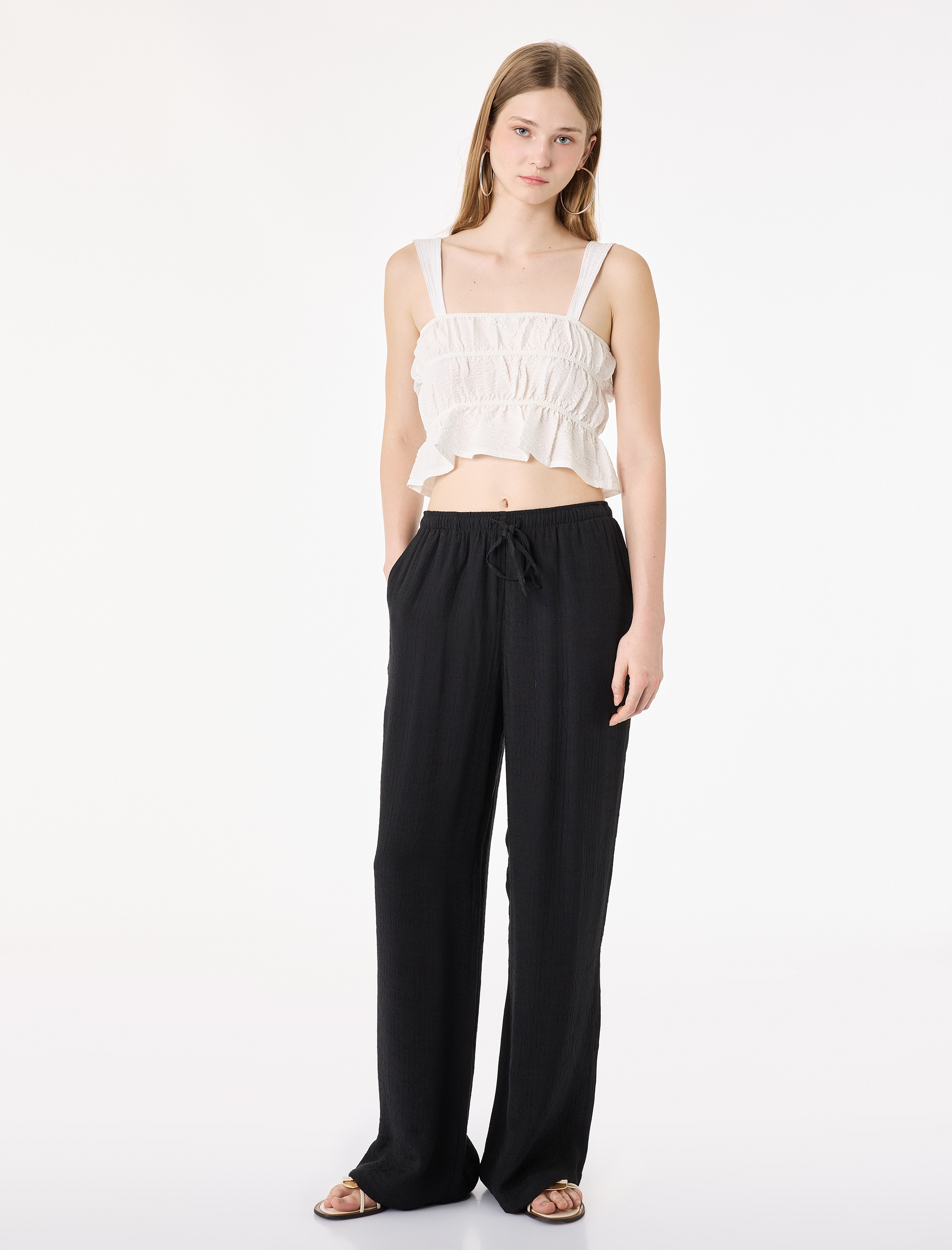   Beli Bağcıklı Cep Detaylı Düz Paça Viskon Karışımlı Pantolon