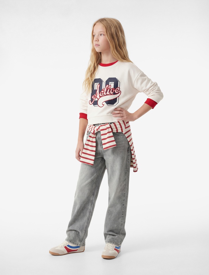 Kız Çocuk Pamuklu Cepli Geniş Paça Denim Pantolon