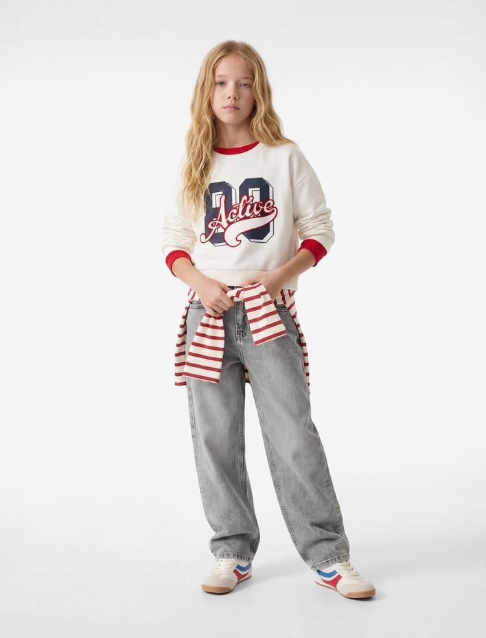 Kız Çocuk Pamuklu Cepli Geniş Paça Denim Pantolon