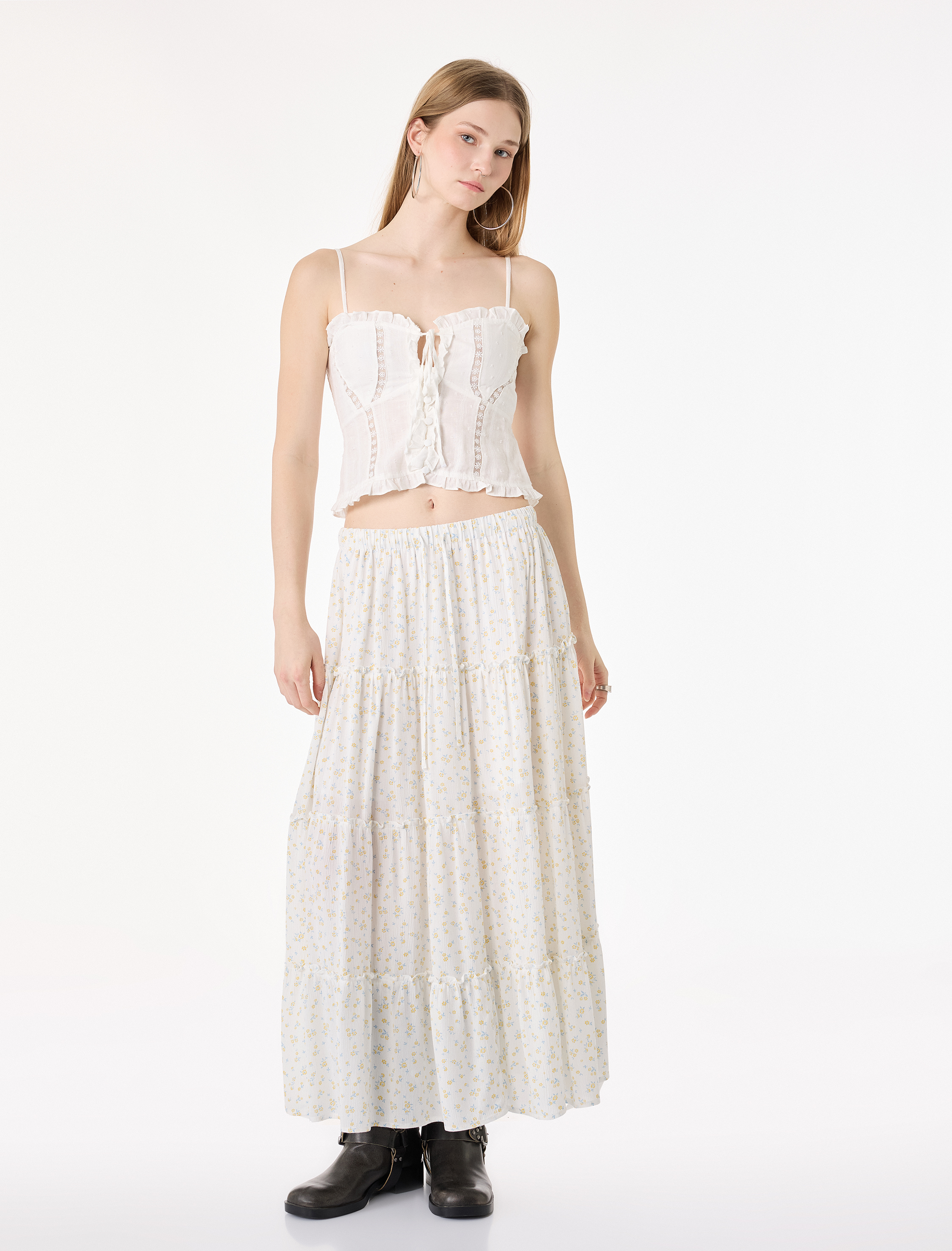   Viskon Katlı Volanlı Beli Bağcıklı Çiçekli Uzun Etek