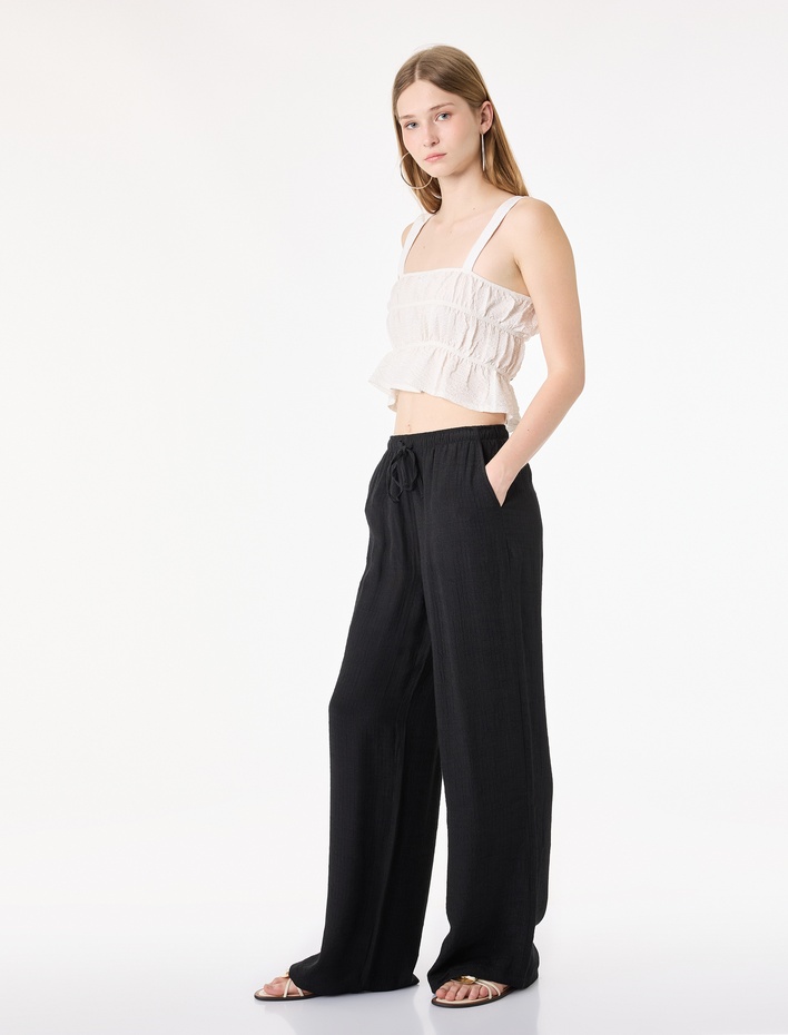  Beli Bağcıklı Cep Detaylı Düz Paça Viskon Karışımlı Pantolon