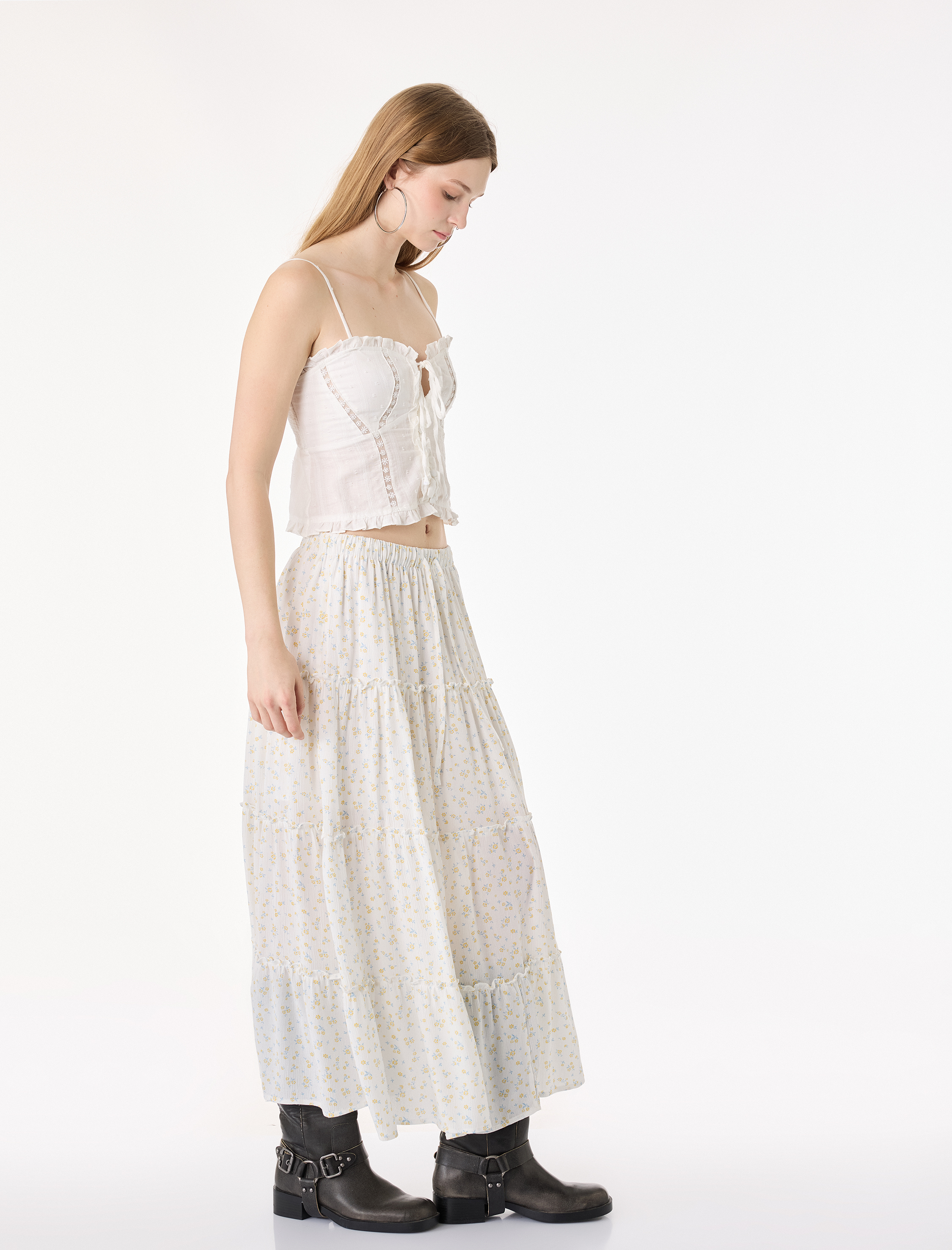   Viskon Katlı Volanlı Beli Bağcıklı Çiçekli Uzun Etek