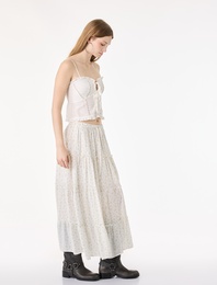 Viskon Katlı Volanlı Beli Bağcıklı Çiçekli Uzun Etek