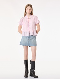 Pamuklu Düğmeli Bağlamalı Yaka Kısa Balon Kol Bluz