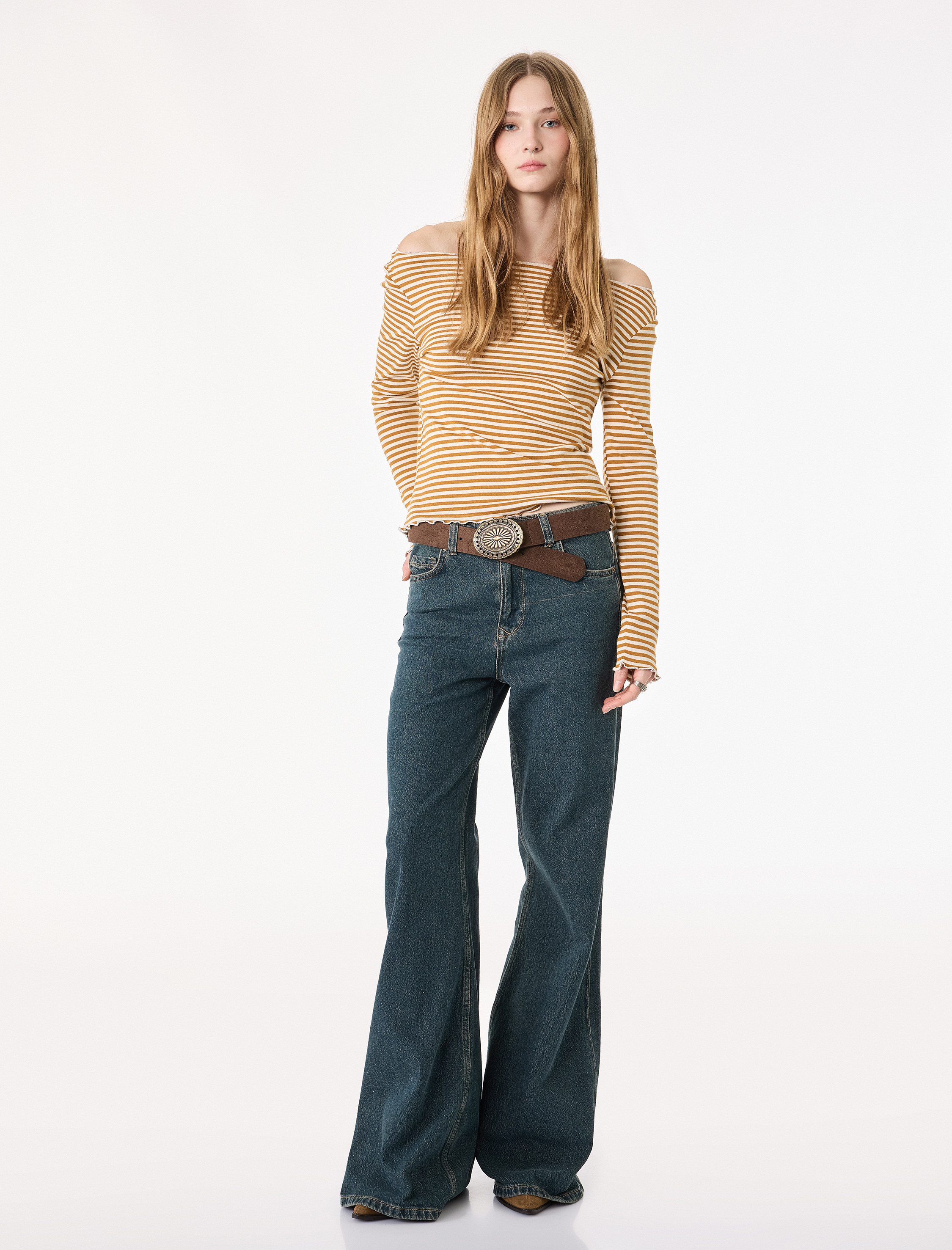   Uzun Kollu Pamuklu Kayık Yaka Çizgili Tişört