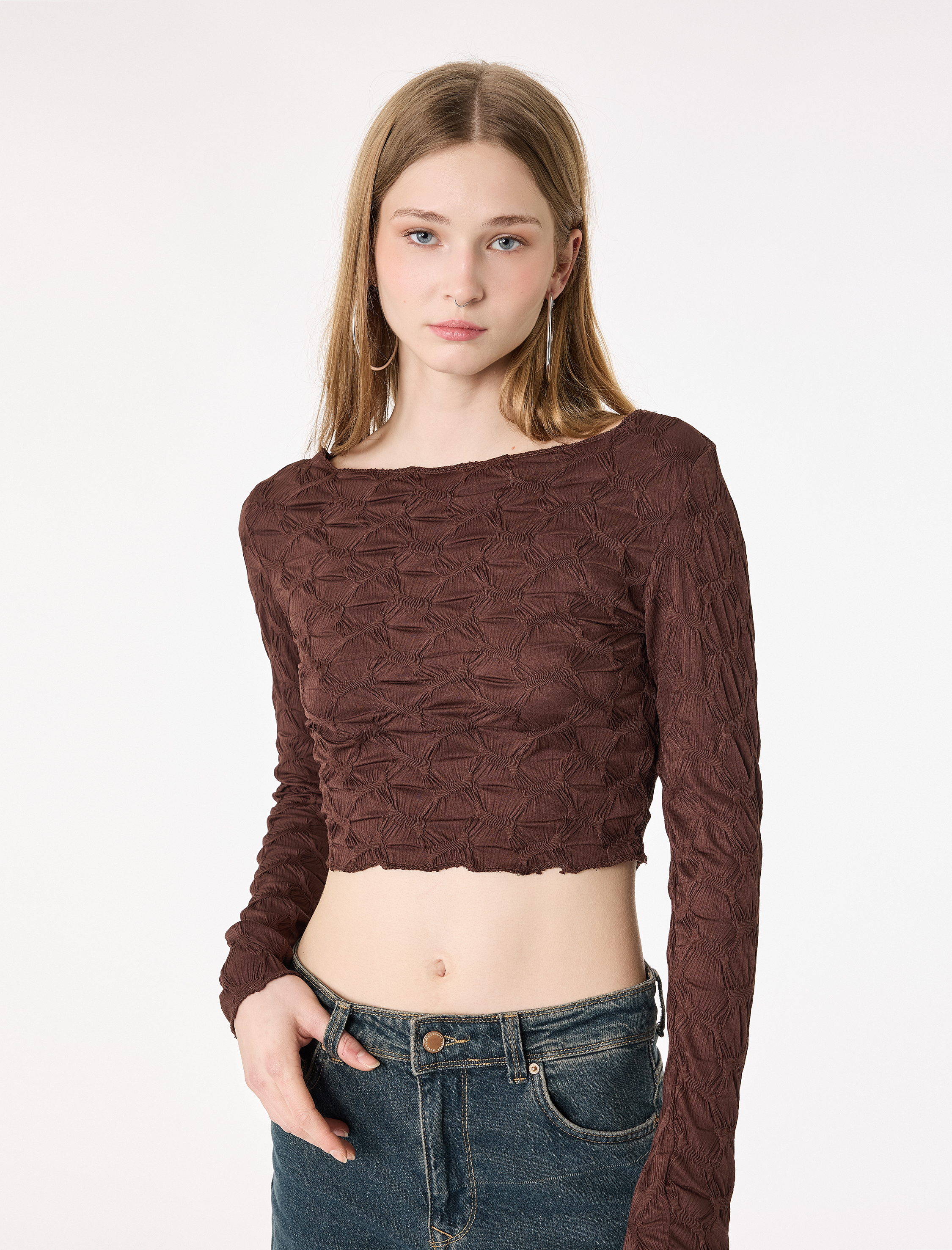   Bürümcük Kayık Yaka Omzu Açık Uzun Kollu Tişört