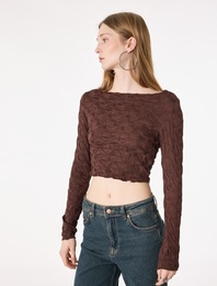 Bürümcük Kayık Yaka Omzu Açık Uzun Kollu Tişört