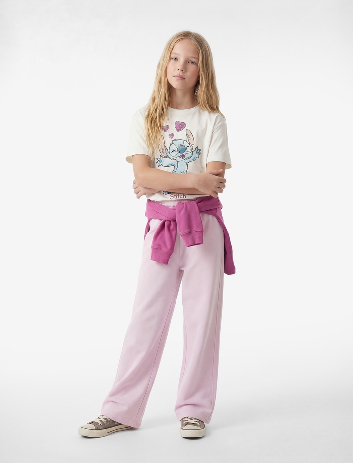 Kız Çocuk Kısa Kollu Bisiklet Yaka Pamuklu Lisanslı Stitch Baskılı Tişört