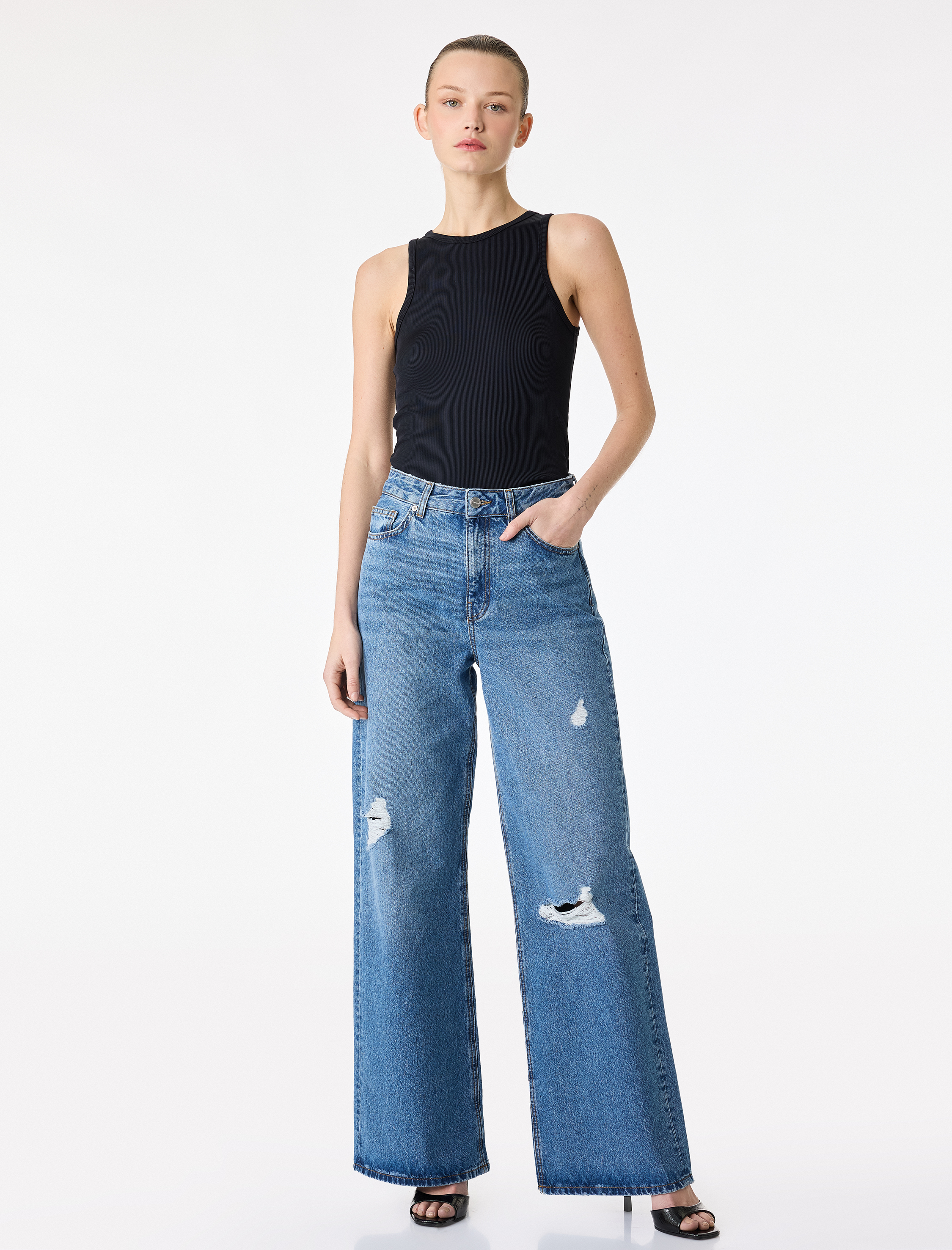   Pamuklu Yüksek Bel Yıpratılmış Geniş Paça Denim Pantolon - Wide Leg Jeans
