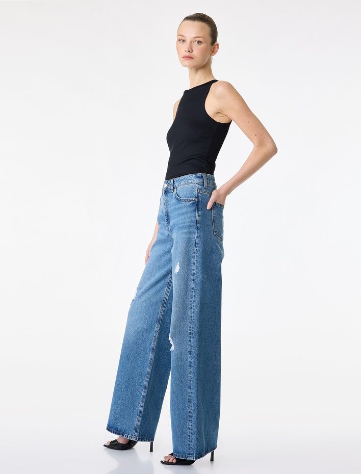  Pamuklu Yüksek Bel Yıpratılmış Geniş Paça Denim Pantolon - Wide Leg Jeans