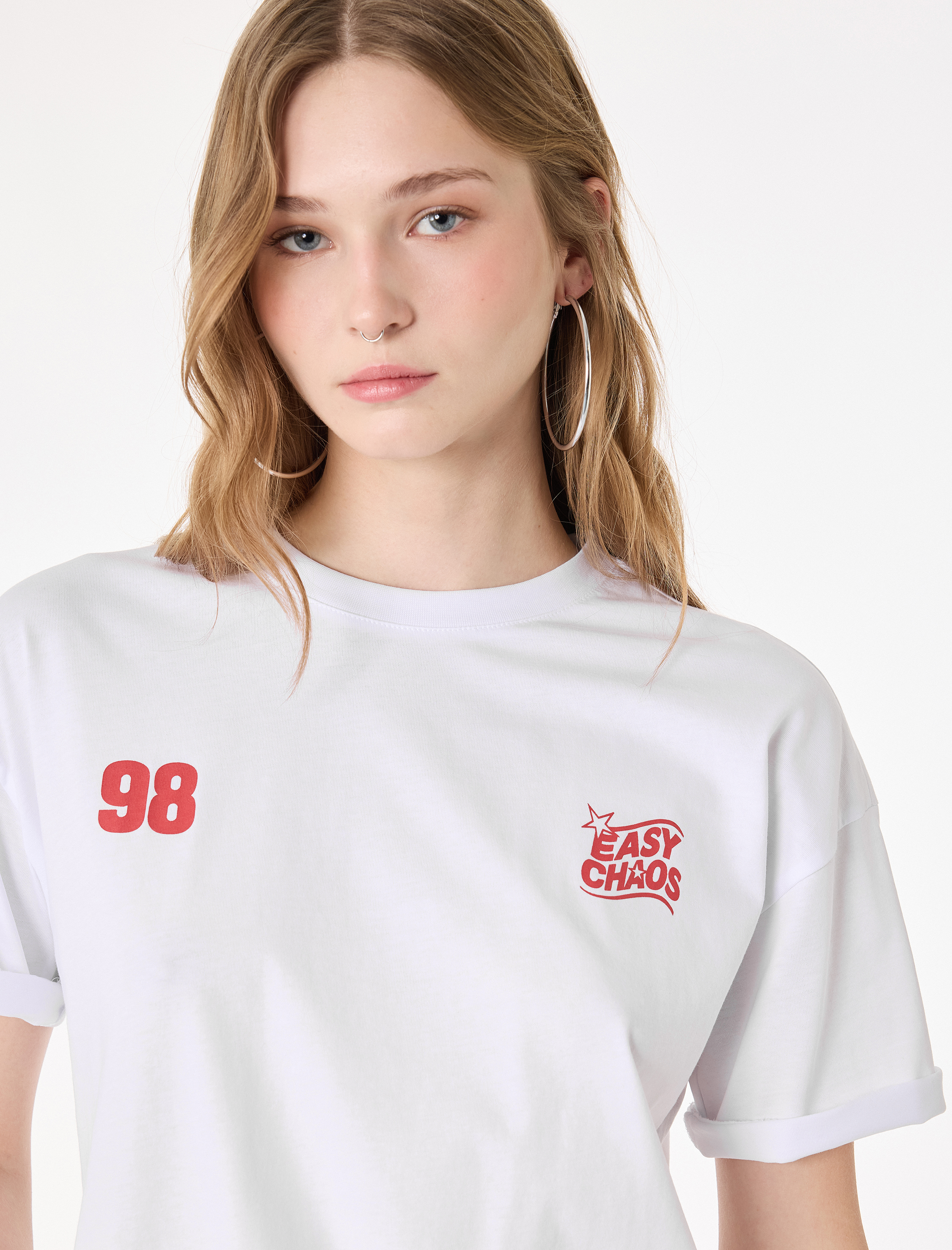   Pamuklu Bisiklet Yaka Kısa Kollu Arkası Baskılı Oversize Tişört