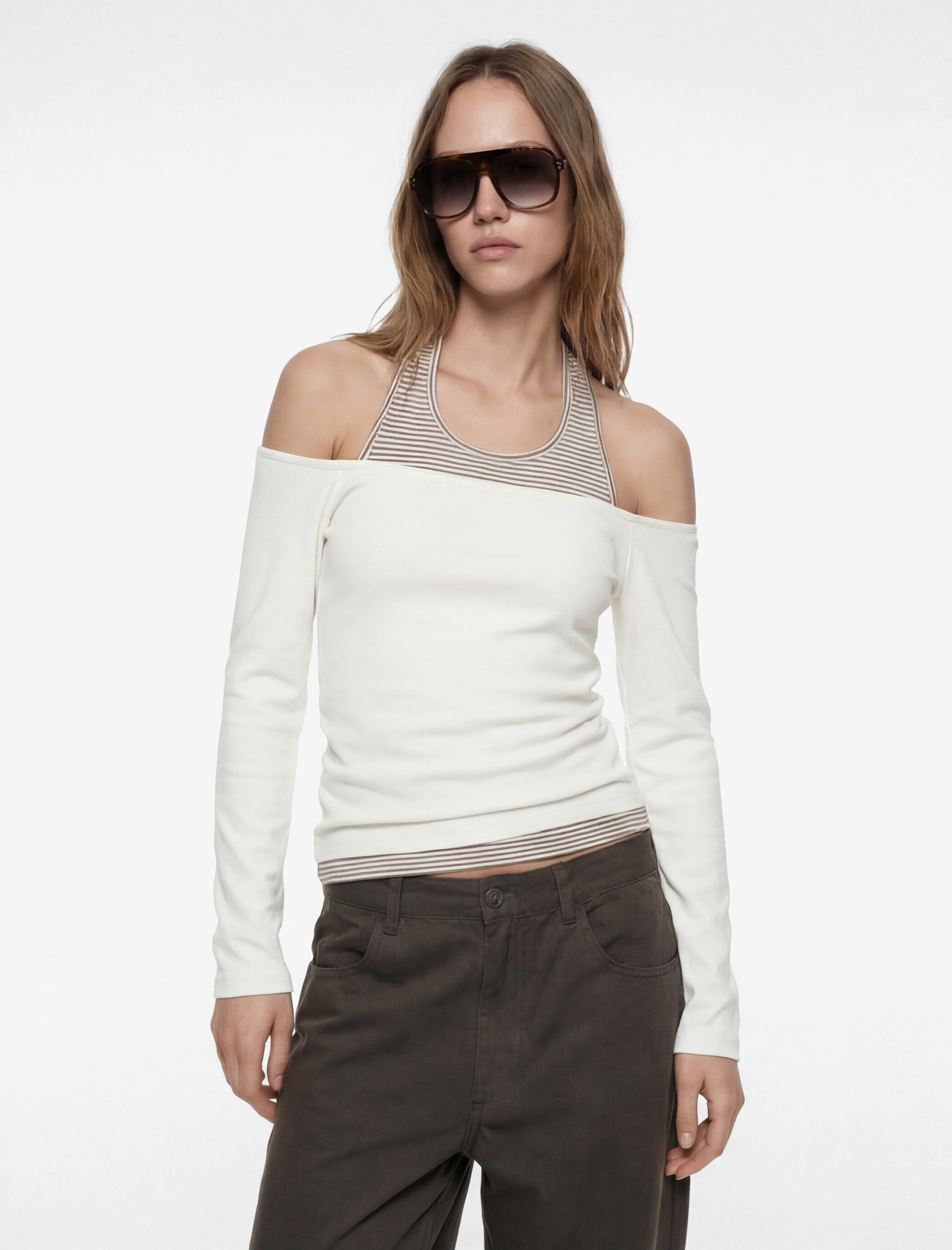   Viskon Karışımlı Slim Fit Uzun Kollu Halter Yaka Tişört