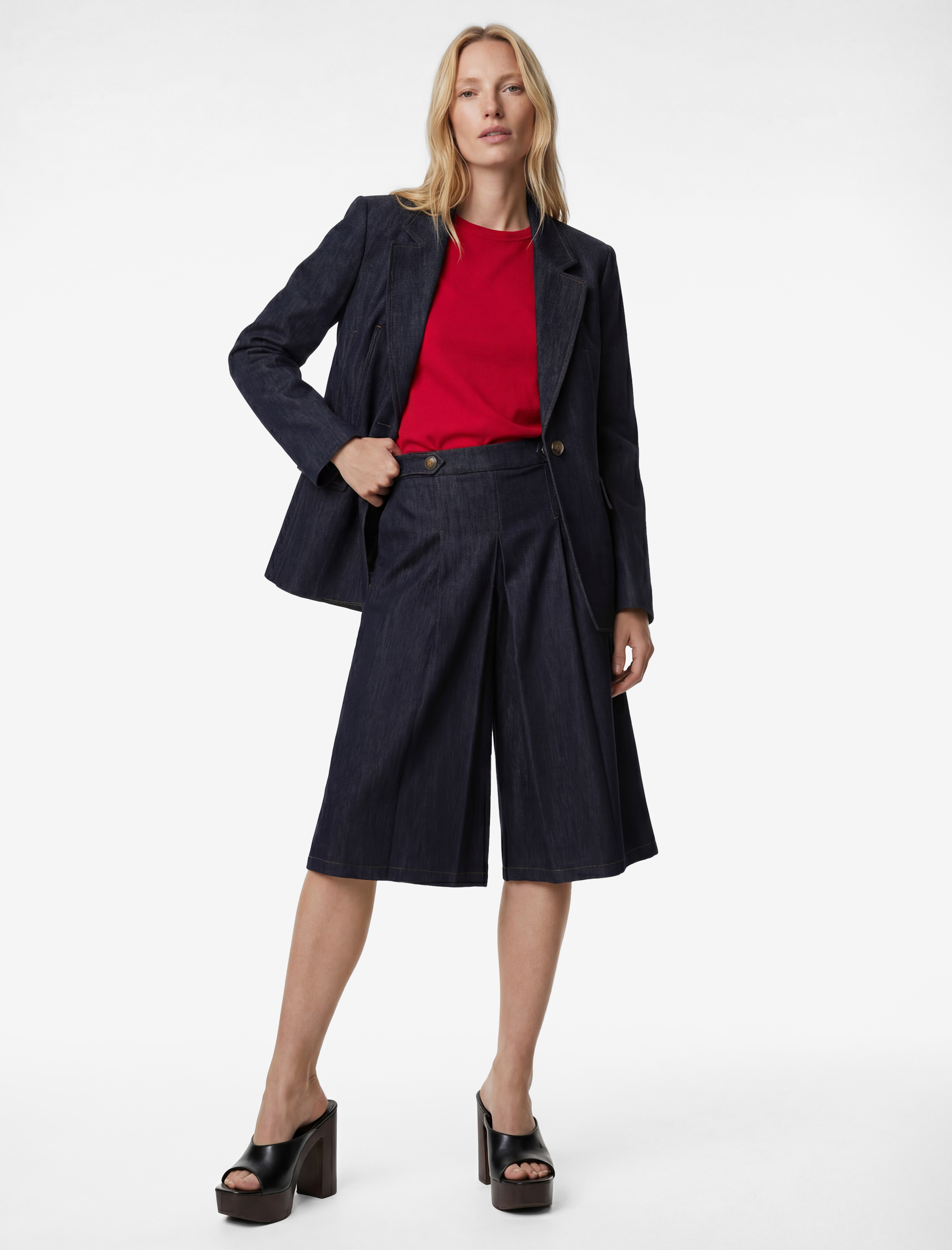   Pile Detaylı Diz Altı Denim Bermuda Şort