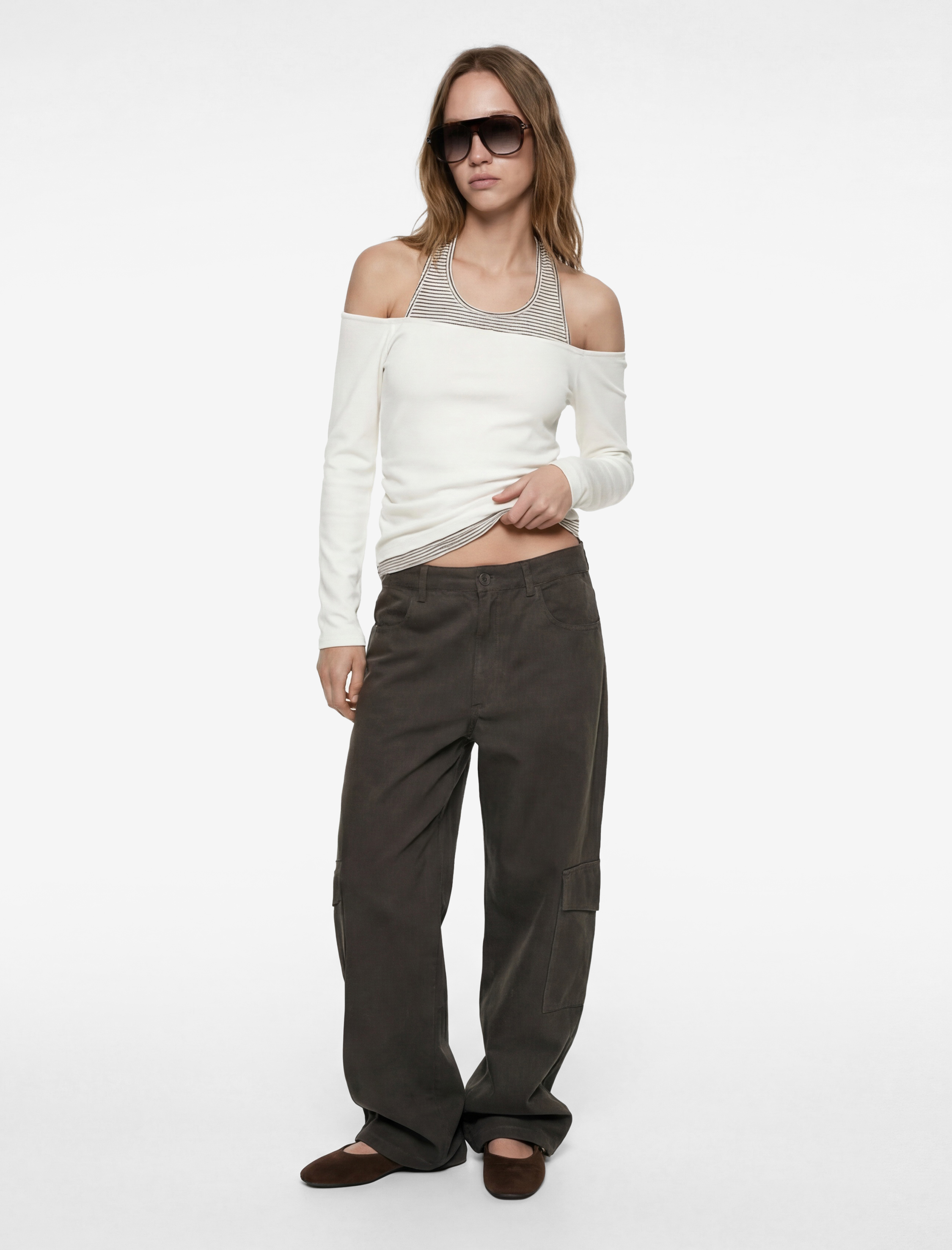   Viskon Karışımlı Slim Fit Uzun Kollu Halter Yaka Tişört