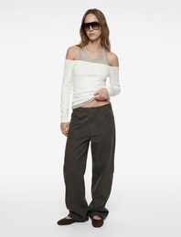 Viskon Karışımlı Slim Fit Uzun Kollu Halter Yaka Tişört