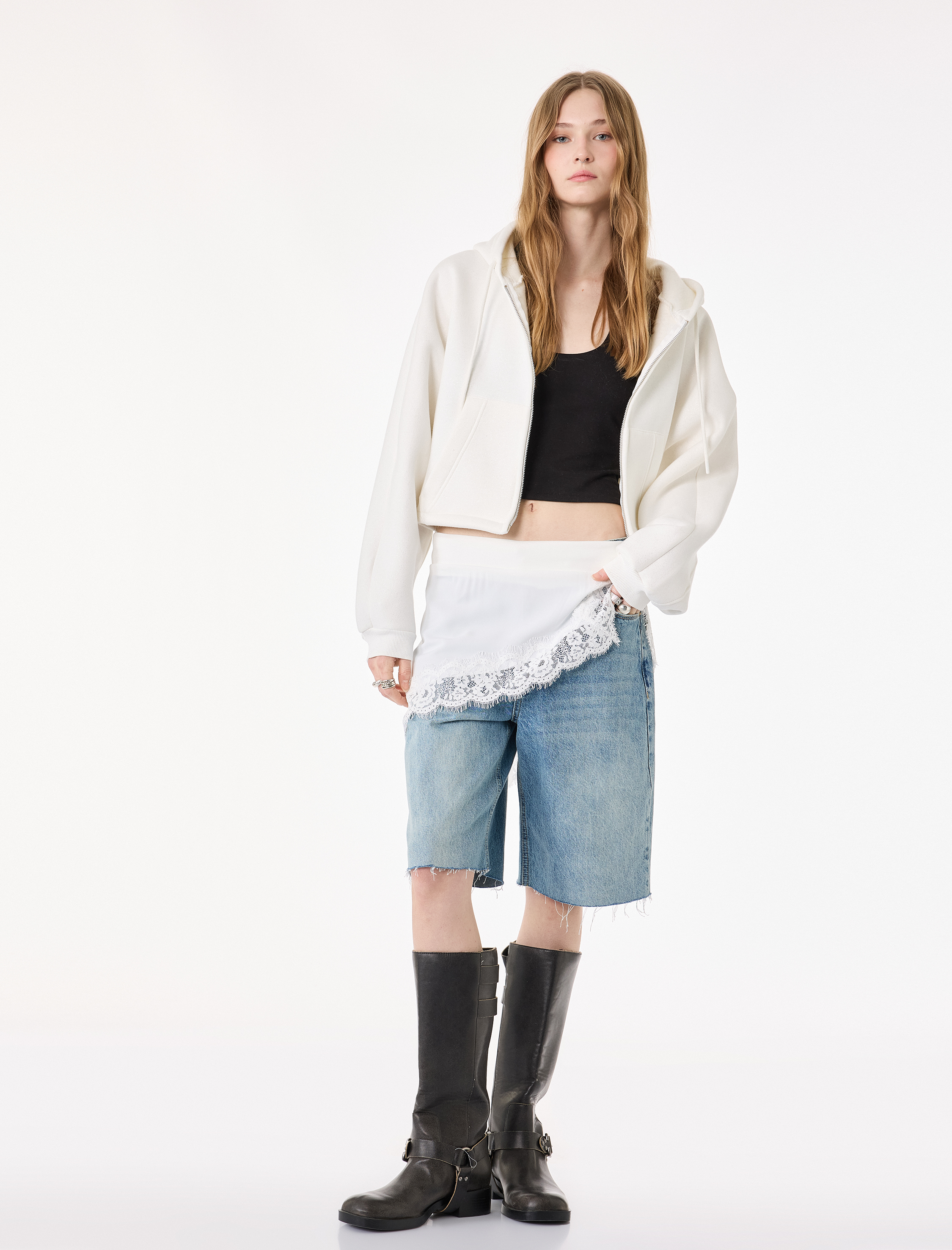   Şardonlu Balon Kol Simli Kanguru Cepli Kapüşonlu Fermuarlı Oversize Sweatshirt