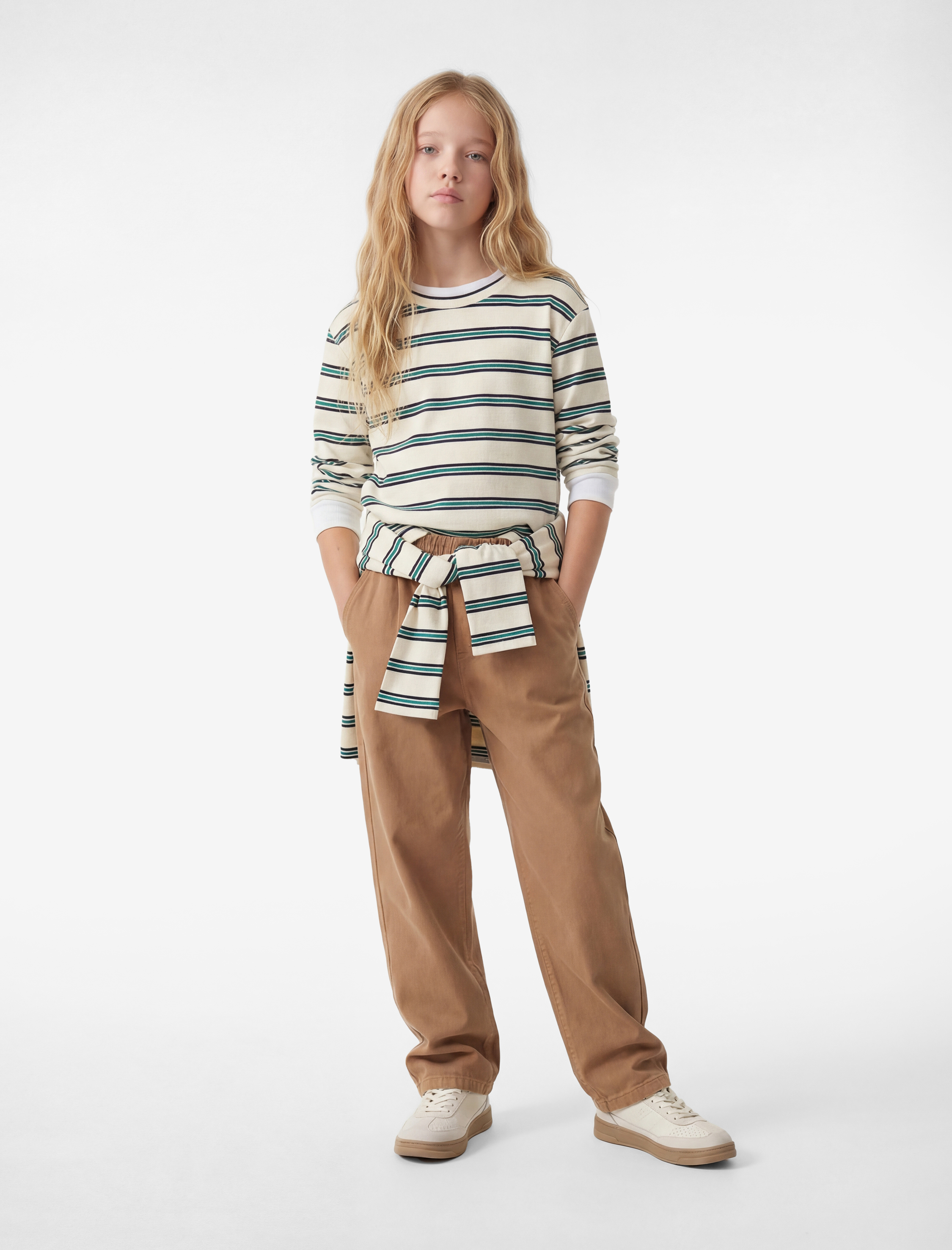  Kız Çocuk Pamuklu Bisiklet Yaka Uzun Kollu Çizgili Tişört