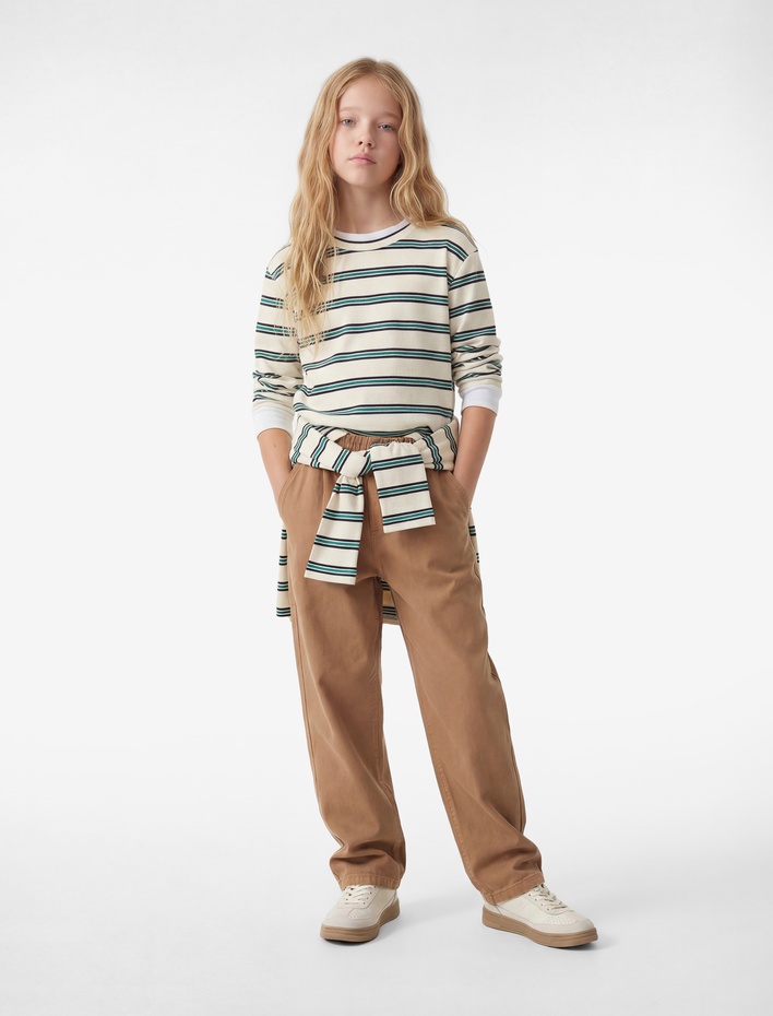 Kız Çocuk Pamuklu Bisiklet Yaka Uzun Kollu Çizgili Tişört