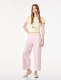 Slim Fit Kısa Kollu Bisiklet Yaka Baskılı Fiyonklu Tişört