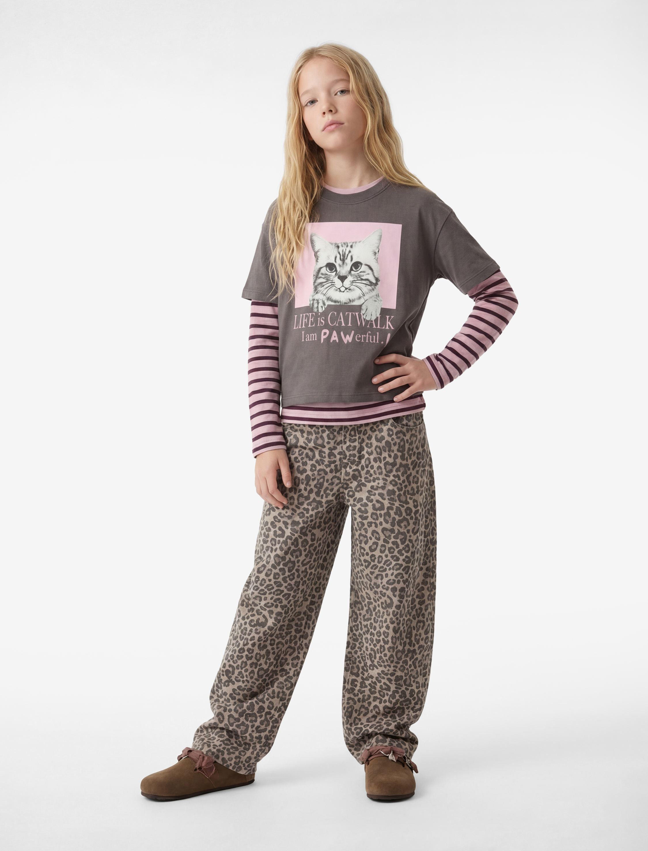  Kız Çocuk Kısa Kollu Bisiklet Yaka Pamuklu Kedi Baskılı Tişört