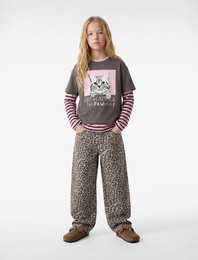 Kısa Kollu Bisiklet Yaka Pamuklu Kedi Baskılı Tişört