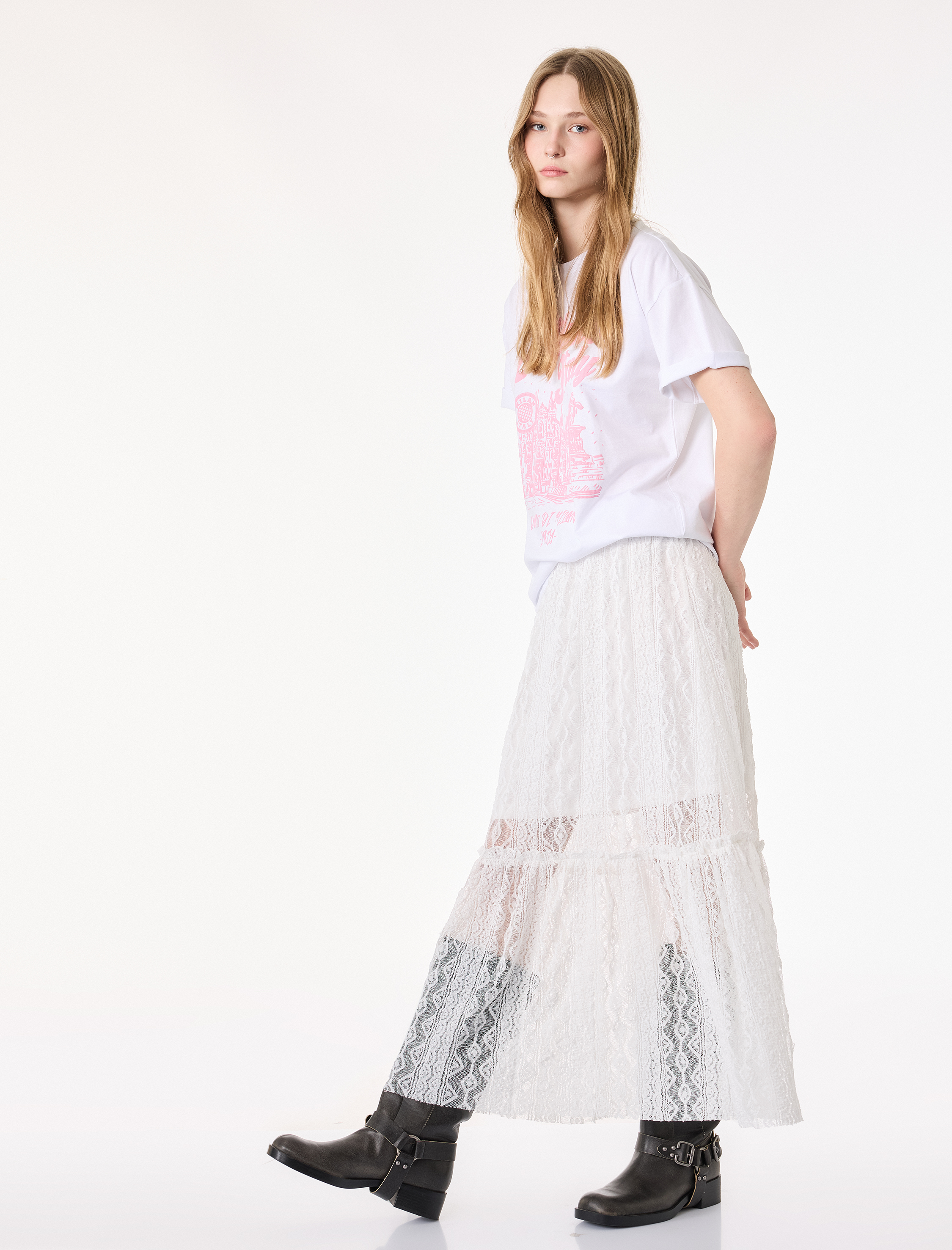   Katlı Yüksek Bel Fisto Midi Etek