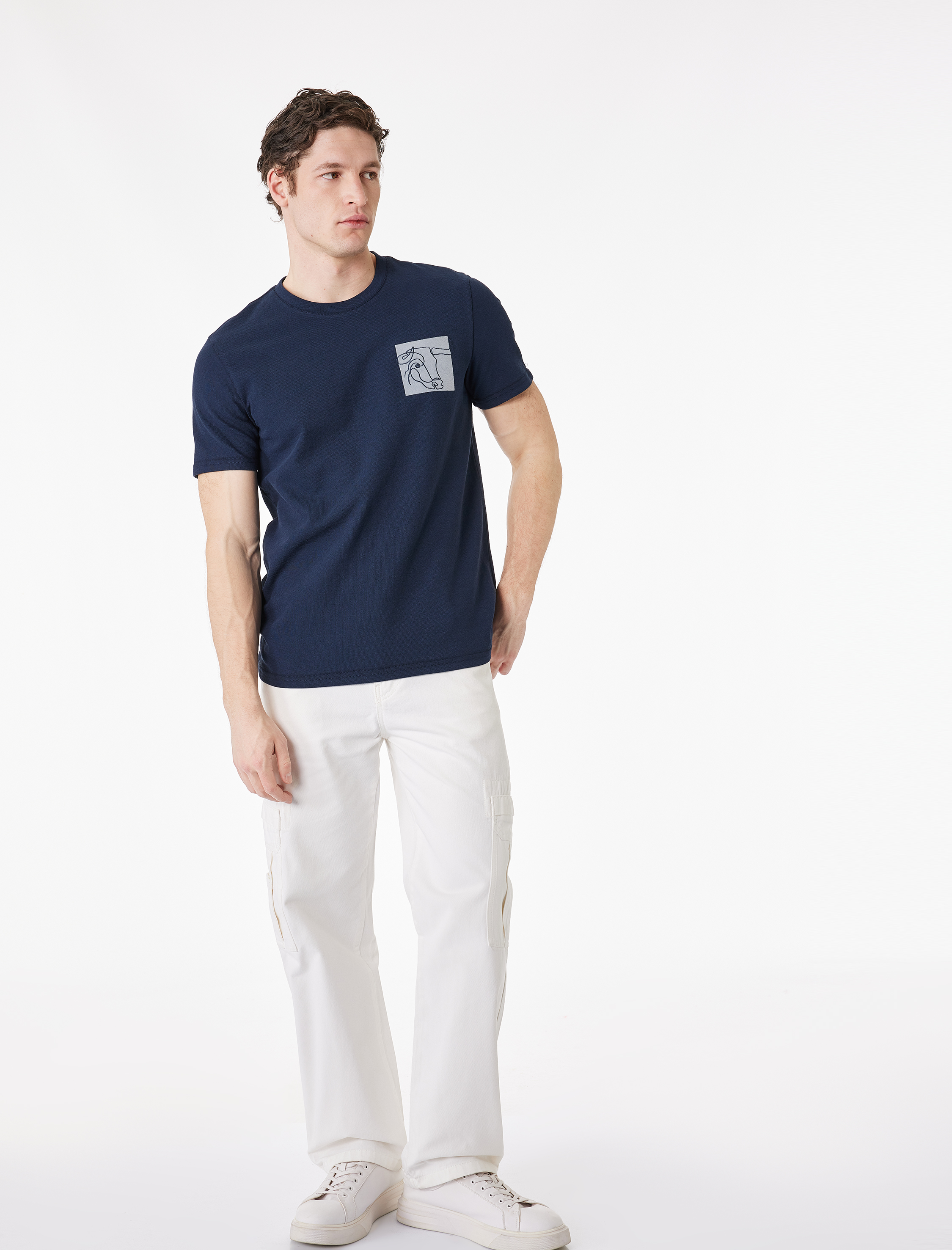   Regular Fit Kısa Kollu Bisiklet Yaka Nakışlı Pamuklu Tişört