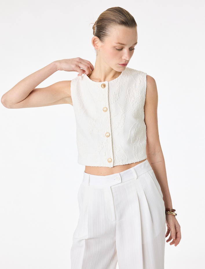  Slim Fit Bisiklet Yaka Gold Düğmeli Floral Dokulu Yelek